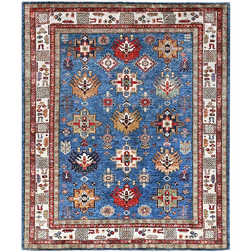 Lapis Blue, Afghan Super Kazak with Geometric Elements, 100% Wool, Vegetable Dyes, Hand Knotted, Dense Weave, Oriental Rug
