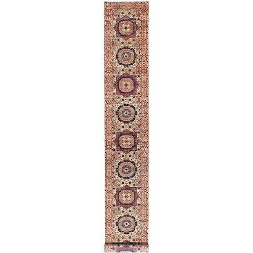 Parchment White, 14th Century Mamluk Dynasty Pattern, 200 KPSI, Natural Dyes, Pure Wool, Hand Knotted, XL Runner Oriental Rug