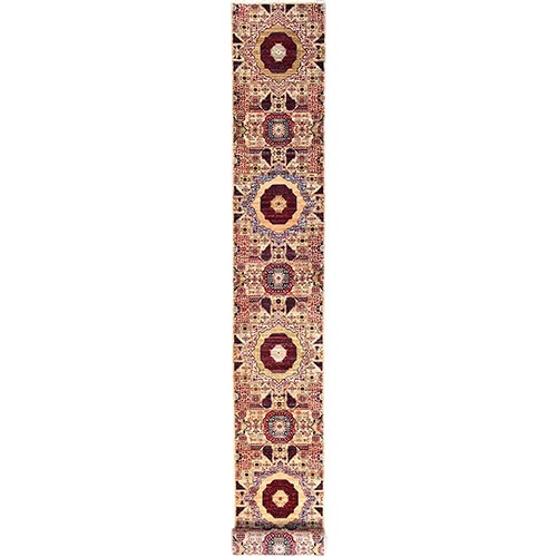 Eggshell White, 200 KPSI, Soft Wool, 14th Century Mamluk Dynasty Pattern, Vegetable Dyes, Hand Knotted, XL Runner Oriental Rug