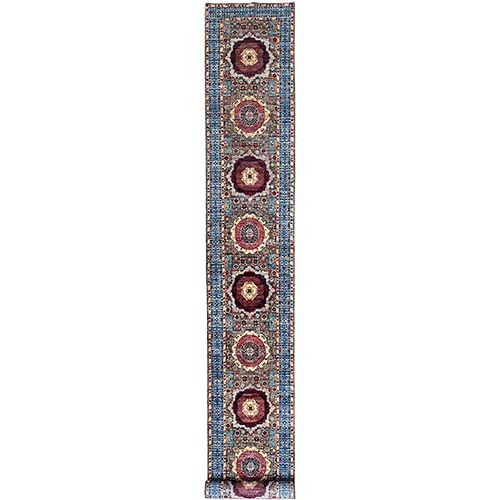 Sky Blue, 200 KPSI, 100% Wool, Vegetable Dyes, Hand Knotted, 14th Century Mamluk Dynasty Pattern, XL Runner Oriental 