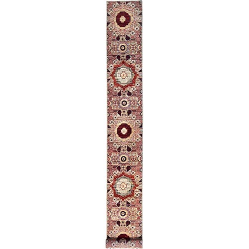 Chiffon White, Natural Wool, Natural Dyes, Hand Knotted, 14th Century Mamluk Dynasty Pattern, 200 KPSI, XL Runner Oriental Rug
