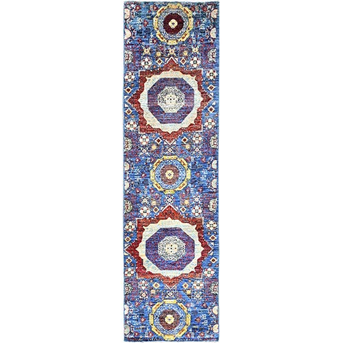 Cobalt Blue, Hand Knotted, Vegetable Dyes, Natural Wool, 14th Century Mamluk Dynasty Pattern, 200 KPSI, Runner Oriental Rug