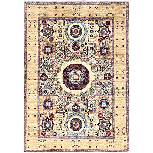 Powder White, Vegetable Dyes, Hand Knotted, Natural Wool, 14th Century Mamluk Dynasty Pattern, 200 KPSI, Oriental Rug