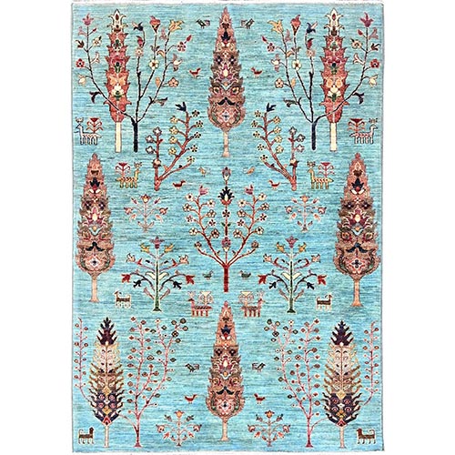 Baby Blue, All Wool, Sultani Design, Cypress Tree and Animal Figurines, Ariana Afghan, Vegetable Dyes, Hand Knotted, Oriental Rug