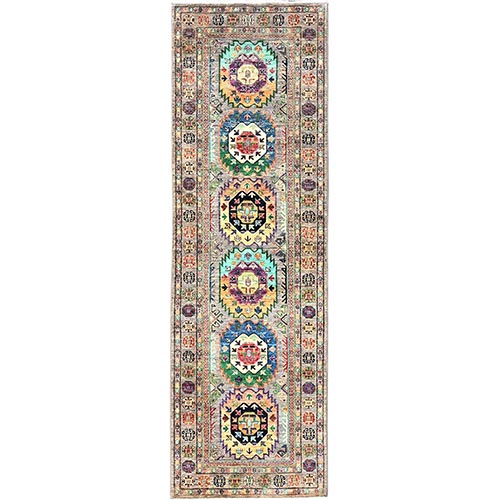 Ash Gray, All Wool, Sultani Design with Colorful Medallions, Ariana Afghan, Vegetable Dyes, Hand Knotted, Runner Oriental Rug