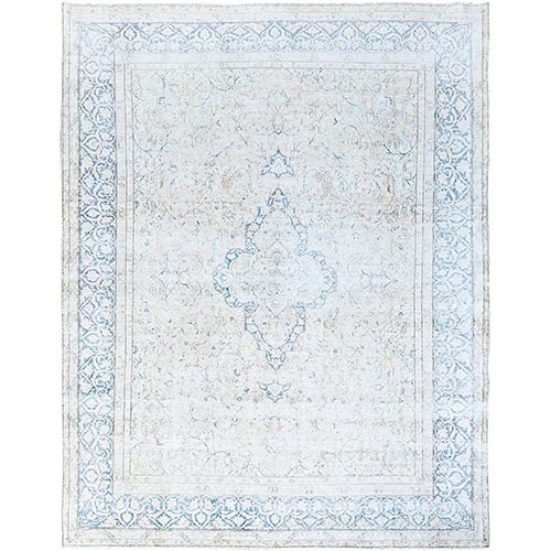 Titan White, Hand Knotted, Vintage Persian Kerman with Erased Medallion, Worn Down, 100% Wool, Cleaned with Sides and Edges Professionally Secured, Oriental Rug