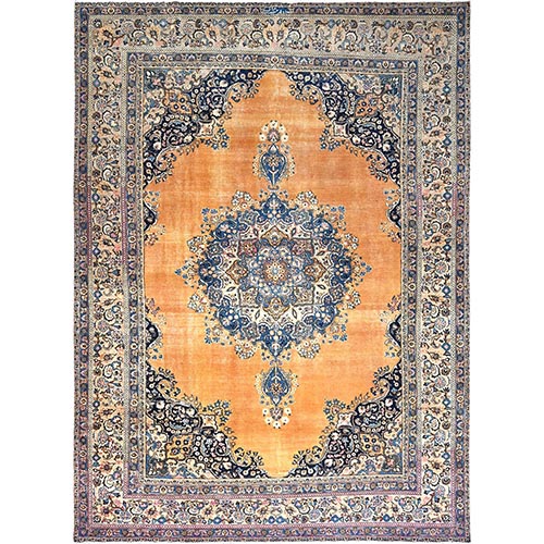 Desert Orange, Rustic Look, Pure Wool, Hand Knotted, Vintage Persian Tabriz with Large Medallion Open Field Design, Worn Down, Oriental Rug