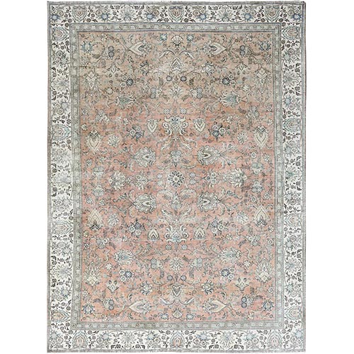 Apricot Red, Vintage Persian Tabriz with All Over Design, Worn Down, Rustic Feel, Extra Soft Wool, Hand Knotted, Oriental Rug