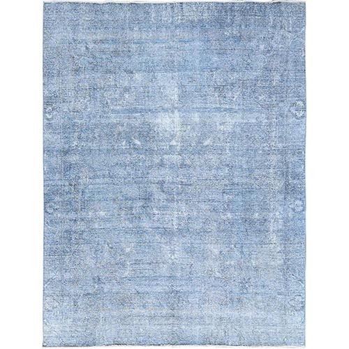 Baby Blue, Hand Knotted, Overdyed Vintage Persian Tabriz, Worn Down, Rustic Look, Natural Wool, Oriental Rug