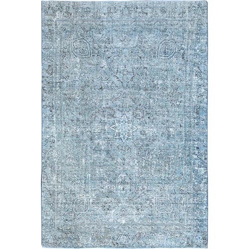 Medium Turquoise, Pure Wool, Hand Knotted, Vintage Persian Tabriz with Faded Design, Shaved Down, Distressed Feel, Oriental Rug