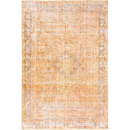 Carrot Orange, Shaved Down, Distressed Look, Extra Soft Wool, Hand Knotted, Vintage Persian Tabriz with Faded Medallion Design, Oriental Rug