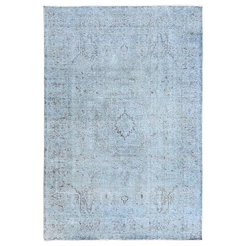 Light Turquoise, Overdyed Vintage Persian Tabriz, Shaved Down, Distressed Feel, Natural Wool, Hand Knotted, Oriental Rug