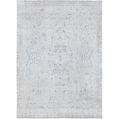Alice Blue, Hand Knotted, Vintage Persian Tabriz, Shaved Down, Distressed Feel, 100% Wool, Oriental Rug
