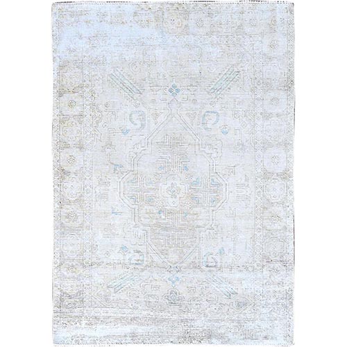 Alice Blue, Hand Knotted, Vintage Persian Tabriz, Faded Medallion, Shaved Down, Distressed Feel, Extra Soft Wool, Oriental Rug