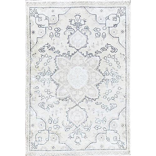 Smoke White, 100% Wool, Hand Knotted, Vintage Persian Tabriz with Large Floral Design, Worn Down, Rustic Feel, Oriental 