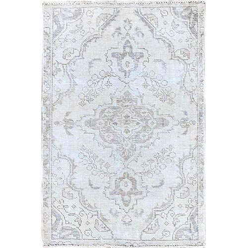 Ivory, Natural Wool, Hand Knotted, Vintage Persian Tabriz, Shaved Down, Distressed Look, Mat Oriental 