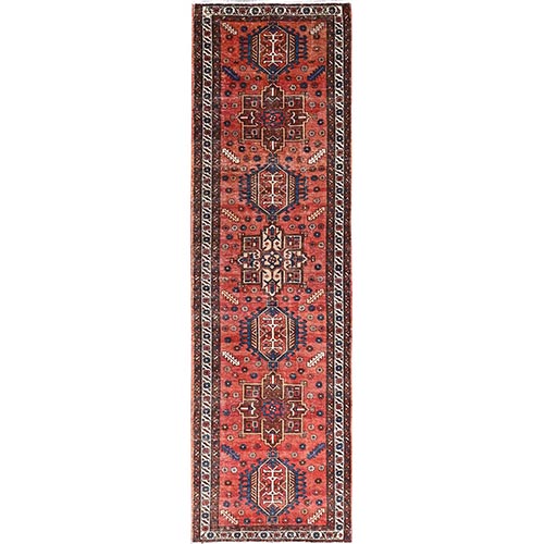 Rooibos Tea Orange, Vintage Persian Village Karajeh With Repetitive Medallion, Excellent Condition, Sides and Ends Professionally Secured, Cleaned, Cropped Thin, Distressed Look Wide Runner Oriental 