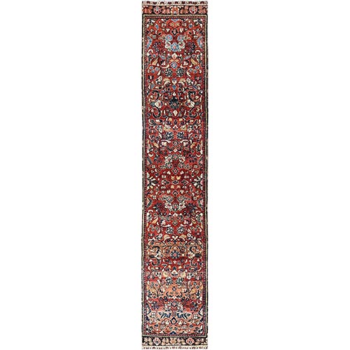 Poinsettia Red, Hand Knotted Vintage Persian Lilahan With All Over Floral Design, Sheared Low, Distressed Look 100% Wool Evenly Worn , Narrow Runner with Cleaned and Secured Sides and Ends Oriental Rug 