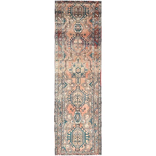Fenugreek with Beaver Brown, Abrash Vintage Persian with Karajeh and Medallion Design, Clean, Hand Knotted Organic Wool, Distressed Excellent Condition Runner, Oriental 