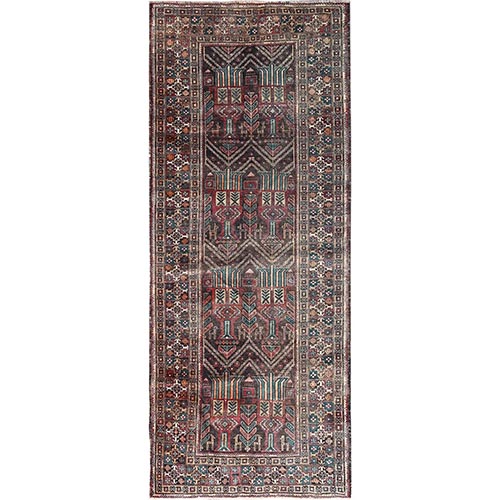 French Roast Brown, Evenly Worn Distressed Vintage Persian and Baluch Village Design, Cropped Thin Excellent Condition, Soft and Shiny Wool, Hand Knotted, Sides and Ends Professionally Secured, Cleaned, Oriental Wide Runner Rug 