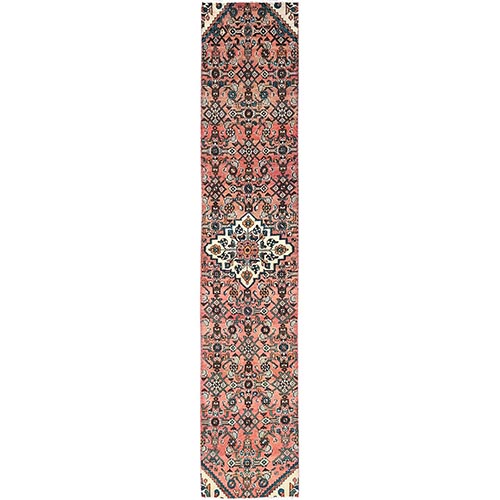 Summer Fig Pink With Ivory Corners, Hand Knotted Borderless Persian Hussainabad Organic Wool, Handmade, Evenly Worn, Cleared, Narrow Runner, Vintage Oriental Rug 