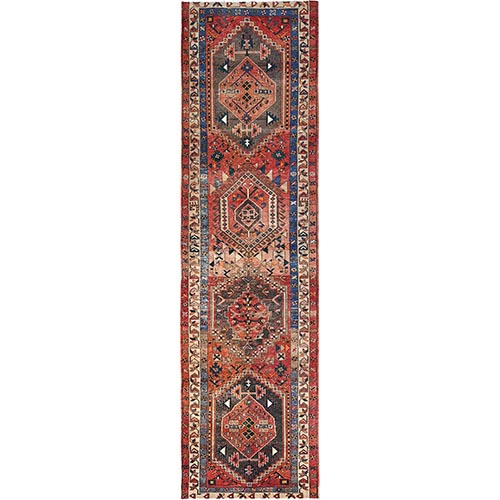 Sienna Brown, Soft Wool, Hand Knotted, Semi Antique Persian Shiraz, Evenly Worn Distressed Look, Sides and Ends Secured, Professionally Cleaned, Cropped Thin Wide Runner Oriental 