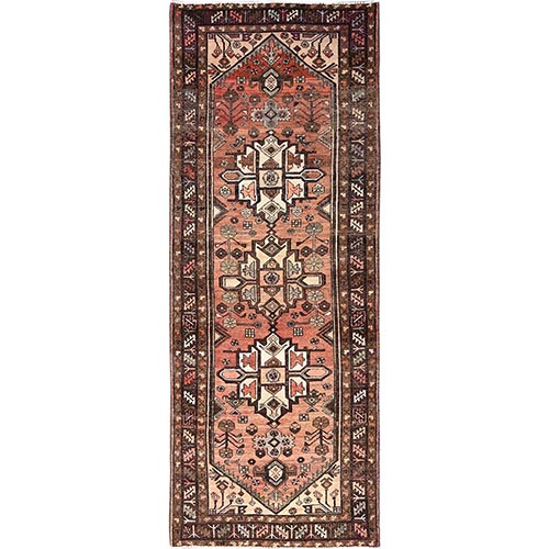 Sashay Red, Professionally Cleaned, Sides and Ends Secured, Old Persian Hamadan Hand Knotted Wide Runner  With Good Condition, Cropped Thin, Natural Wool Oriental 