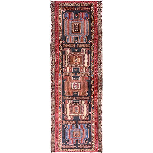 Raw Sienna Orange, Old North West Persian with Geometric Design, Hand Knotted, 100% Wool, Wide Runner, Evenly Worn Sheered Low Distressed Sides and Ends Professionally Secured, Cleaned, Oriental 