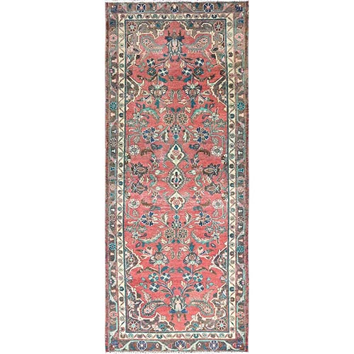 Grapefruit Pink, Hand Knotted Semi Antique Persian Lilahan, Distressed Look, Sheared Low, Abrash, Soft and Vibrant Wool, Evenly Worn , Cleaned, Sides and Ends Secured Oriental Wide Runner Rug 