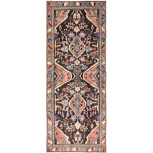 Tiramisu Brown With Prismatic Red Corners, Hand Knotted Old Persian Lilahan with Excellent Condition, Cropped Thin, Sheered Low Distressed Wide Runner Pure Wool, Oriental 
