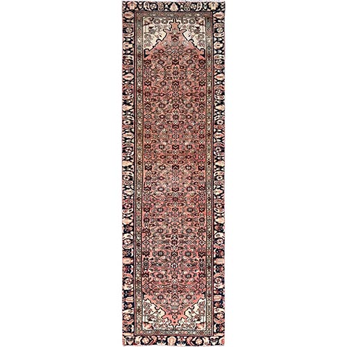 Rose Pink With Raven Black Border, Natural Wool Hand Knotted Old Persian Hussainabad With Great Condition, Evenly Worn, Cleared, Sides and Ends Professionally Secured, Wide Runner Oriental Rug 