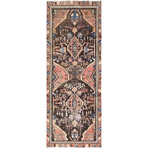Fondue Fudge Brown, Vintage Medallion Design Persian Lilahan, Abrash, Sheared Low Evenly Worn Organic Wool, Professionally Cleaned, Sides and Ends Secured, Hand Knotted and Mint Condition Oriental Wide Runner 