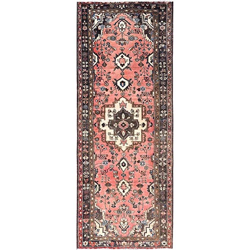 Dusted Clay Pink, Abrash Vintage Persian  Hamadan Cropped Thin, Hand Knotted Soft Wool, Cleaned, Sides and Ends Secured, Wide Runner Oriental Evenly Worn 