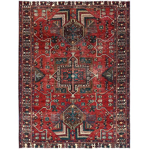 Valiant Poppy Red With Papaya Whip Ivory, Persian Karajeh, Distressed Evenly Worn, Sides and Ends Professionally Secured, Cleaned, Good Condition Hand Knotted 100% Wool Oriental Rug 