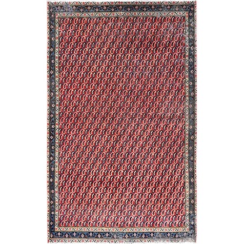 Crimson Red, Vintage Persian Senneh Soft Wool Distressed Look Full Pile With All Over Botteh Paisely Designed and Good Condition Hand Knotted Evenly Worn, Sheared Low Wide Runner Oriental 