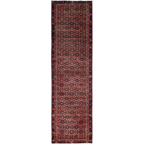 Amaranth Pink, Vintage Persian Hussainabad Herat Geometric Repetitive Small Diamond Pattern, Hand Knotted Distressed Evenly Worn, Sides and Ends Professionally Secured, Cleaned, Good Condition, Very Soft Wool Wide and Long Runner Oriental Rug     