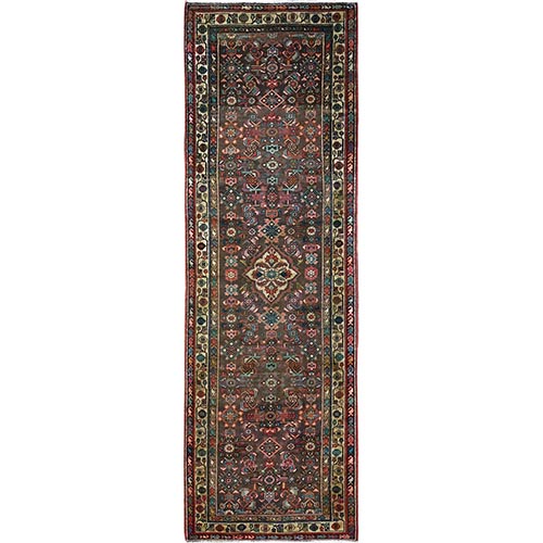 Monk's Broke Brown, Evenly Worn, Cropped Thin, Semi Antique Persian Hamadan Hand Knotted Distressed, Natural Wool, Cleaned, Sides and Ends Secured, Wide and Long Runner Good Condition Abrash Oriental 