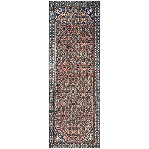 Maple Sugar Brown, Sides and Ends Professionally Secured, Cleaned, Distressed Look, Evenly Worn, Old Persian Hussainabad with Small Repetitive Pattern, Good Condition, Vibrant Wool Wide and Long Runner Hand Knotted Oriental Rug    