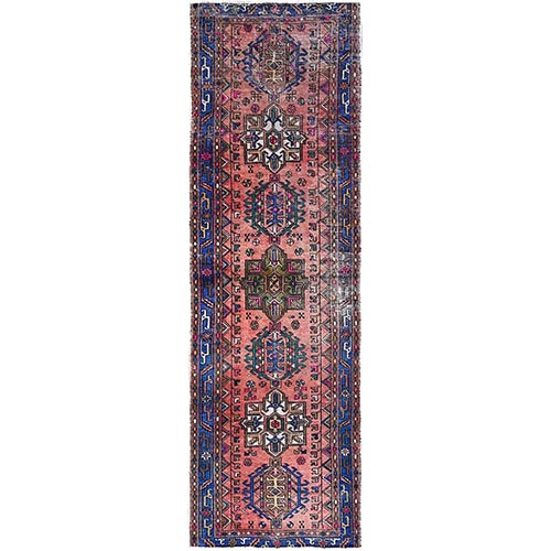 Pastel Red With Chelsea Blue, Semi Antique Persian Karajeh, Colorful,  Sides and Ends Professionally Secured, Cleaned, Excellent Condition Distressed, Evenly Worn, Hand Knotted 100% Wool Wide Runner Oriental Rug 