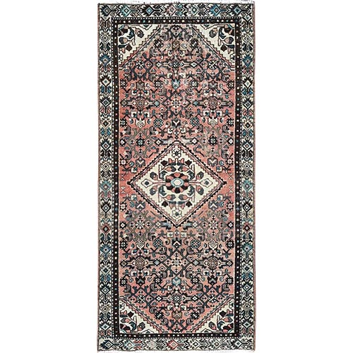 Spice Route Red, Semi Antique Persian Hussainabad, Sides and Ends Professionally Secured, Cleaned, Distressed Look, Evenly Worn, Wide and Long Runner Hand Knotted Excellent Condition, Soft Wool Sheared Low Oriental Rug     