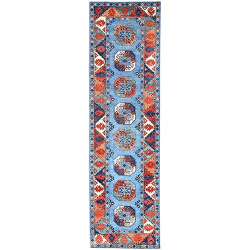 Sapphire Blue, Afghan Ersari with Elephant Feet Design, Vegetable Dyes, 100% Wool, Hand Knotted, Runner Oriental Rug