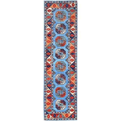 Cerulean Blue, Hand Knotted, Natural Dyes, Natural Wool, Afghan Ersari with Elephant Feet Design, Runner Oriental Rug