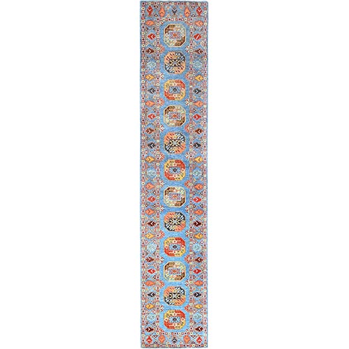 Sky Blue, Afghan Ersari with Elephant Feet Design, Vegetable Dyes, Hand Knotted, Pure Wool, Runner Oriental Rug