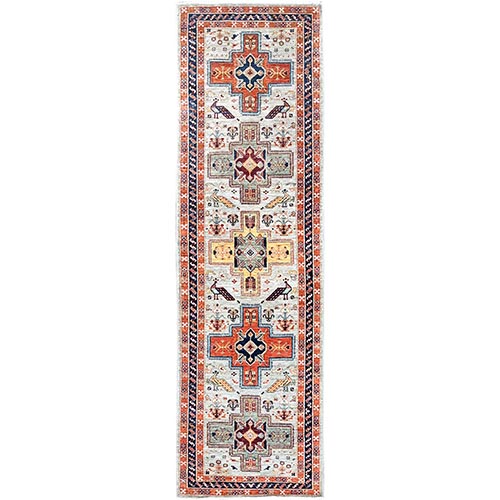 Daisy White, 100% Wool, Hand Knotted, Natural Dyes, 200 KPSI, Armenian Inspired Caucasian Design, Runner Oriental Rug