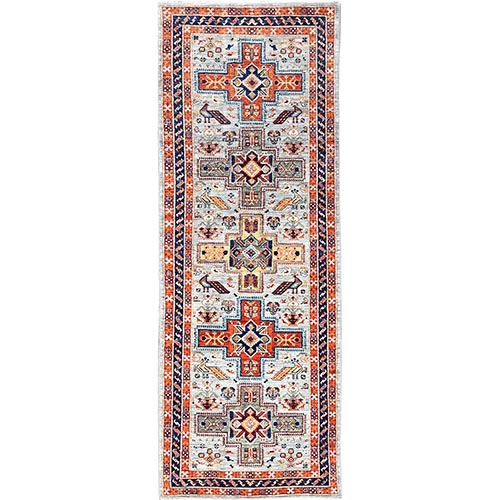 Pearl White, Hand Knotted, Pure Wool, Natural Dyes, 200 KPSI, Armenian Inspired Caucasian Design, Runner Oriental Rug