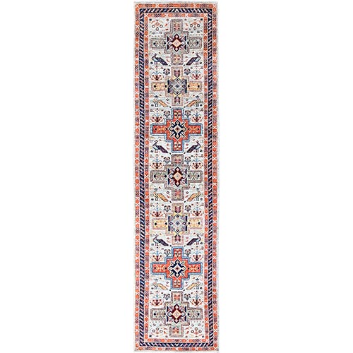 Chiffon White, Armenian Inspired Caucasian Design, 200 KPSI, Extra Soft Wool, Hand Knotted, Natural Dyes, Runner Oriental Rug