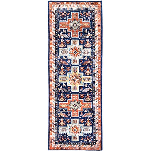 Navy Blue, Armenian Inspired Caucasian Design, Soft Wool, 200 KPSI, Hand Knotted, Natural Dyes, Runner Oriental Rug