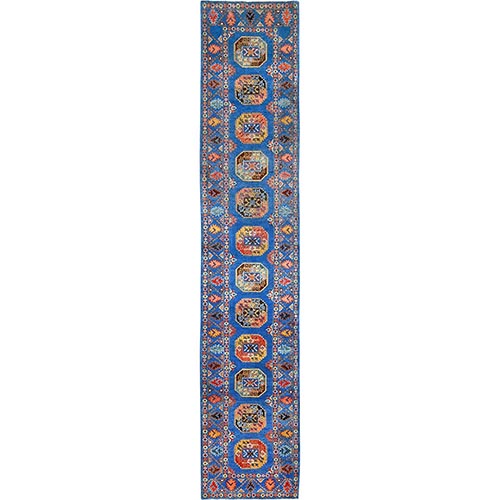 Lapis Blue, Afghan Ersari with Elephant Feet Design, Pure Wool, Vegetable Dyes, Hand Knotted, Runner Oriental Rug