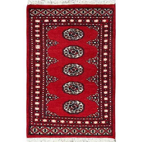 Cherry Red, Princess Bokara with Tribal Medallions, Vegetable Dyes, Pure Wool, Hand Knotted  Mat Oriental Rug
