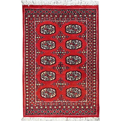 Crimson Red, Princess Bokara with Tribal Medallions, Natural Dyes, Extra Soft Wool, Hand Knotted, Mat Oriental Rug